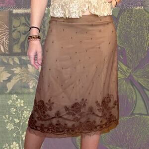 Y2K Beaded Mesh Midi Skirt Brown Embroidered Fairy Goth Whimsigoth Boho Size 6